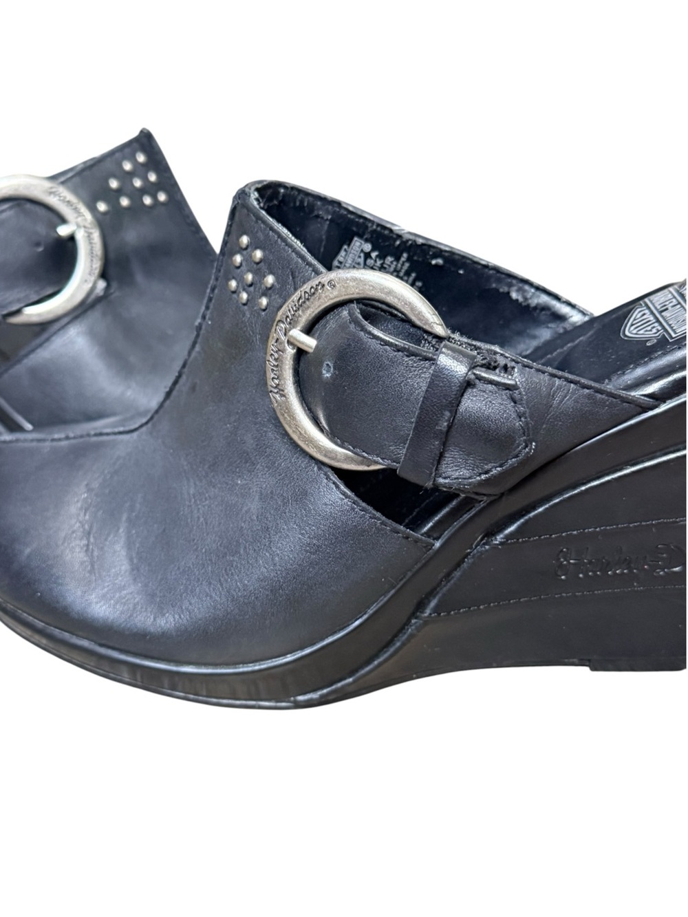 Harley-Davidson Leather Wedge Mule Clogs Black Studded Buckle Women’s 7 - Picture 8 of 13